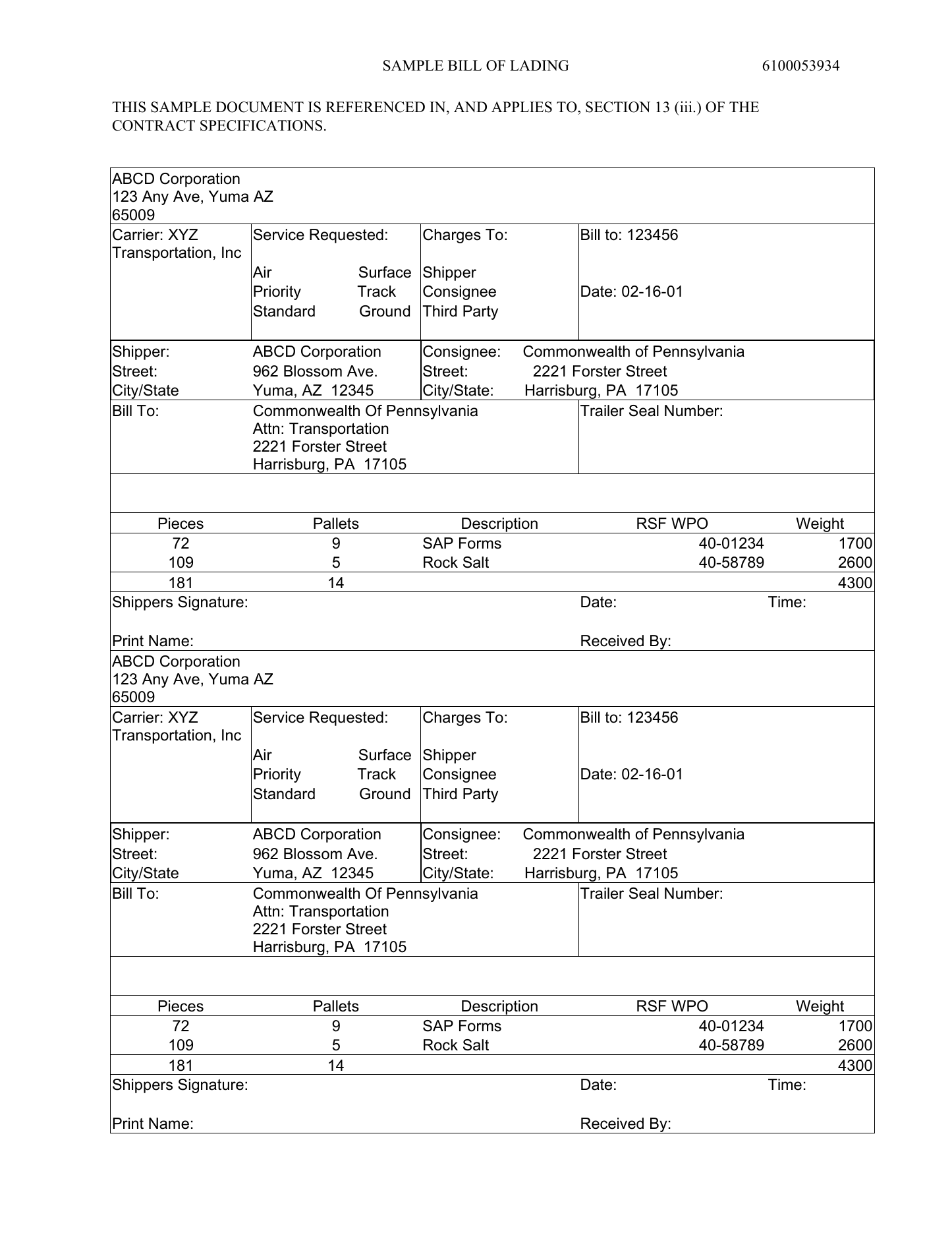 Public Pennsylvania sample bill of lading with carrier, bill-to, shipper, consignee, freight lines, totals, and blank signature fields.