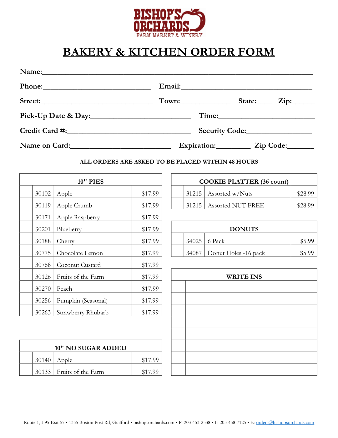 Public bakery customer order form with customer fields, pickup fields, item codes, product sections, prices, and write-in rows.
