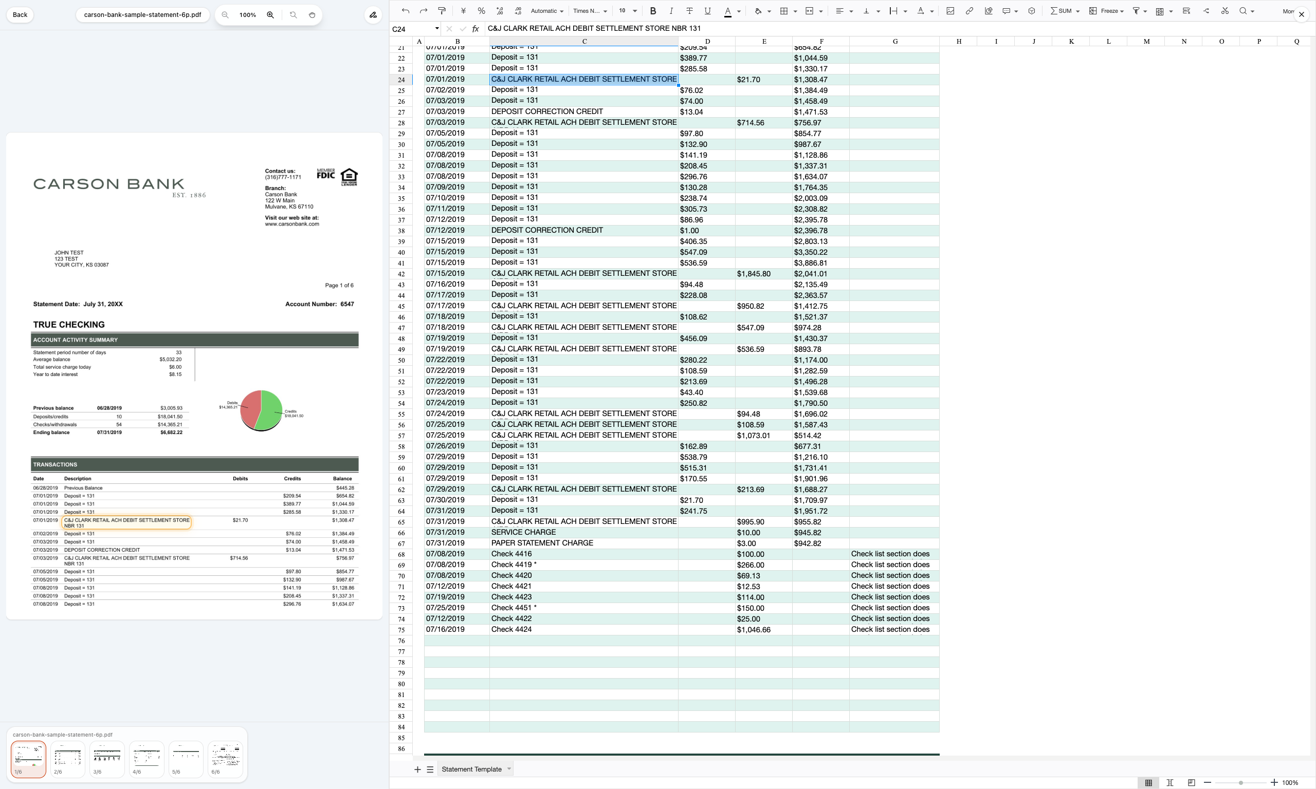 Bank statement review showing source statement pages on the left and a reviewed Excel workbook on the right