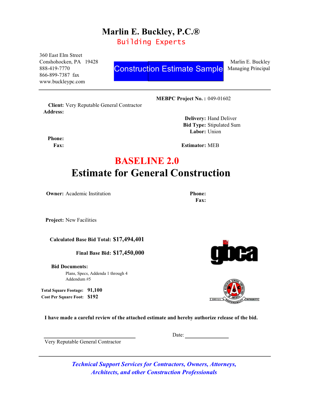 Marlin Buckley sample construction estimate cover page