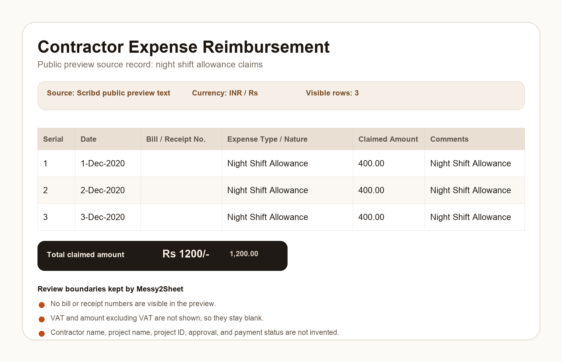 Public contractor reimbursement preview for night shift allowance claims