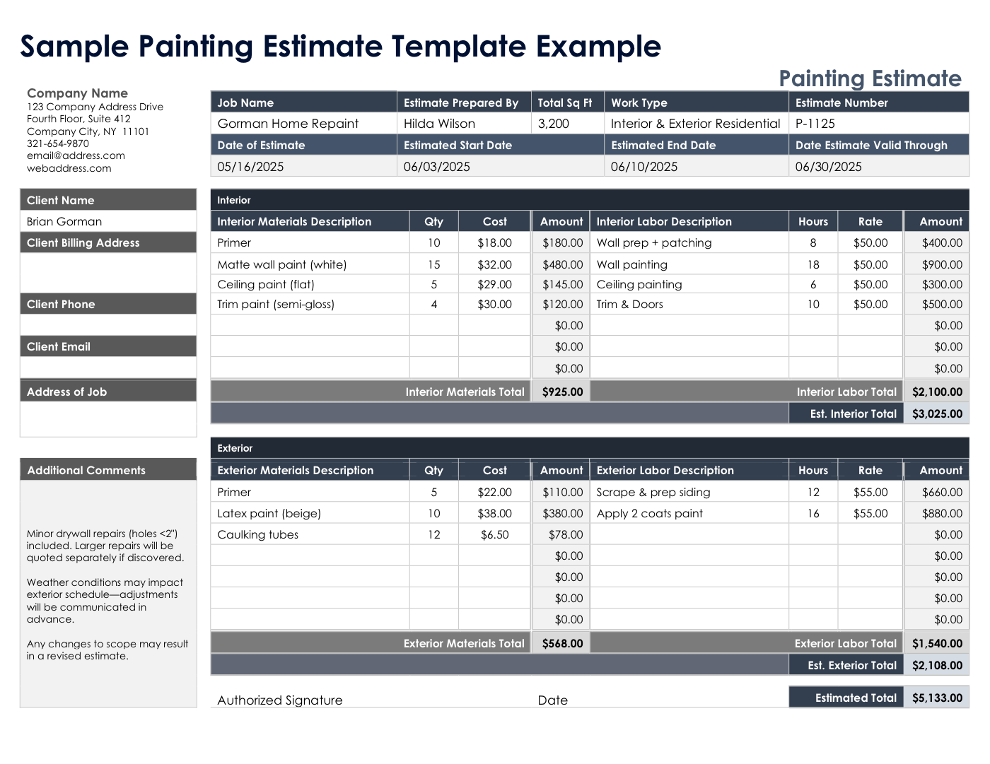 Public Smartsheet painting estimate PDF page with job name, estimate number, material rows, labor rows, dates, client name, comments, and estimated total.