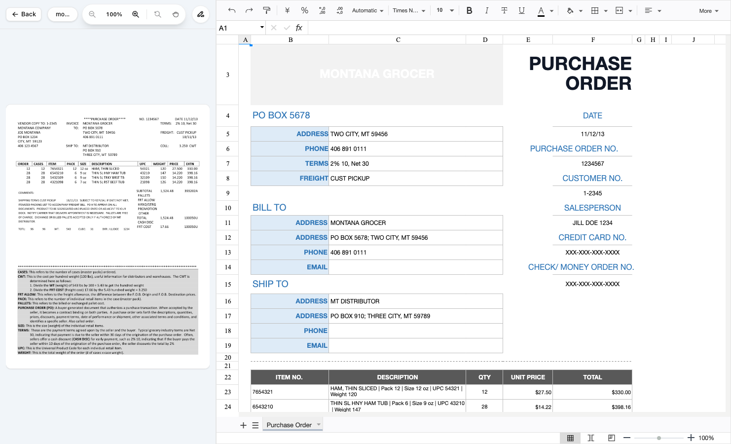Reusable purchase order review showing a source image beside a filled workbook.