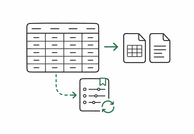 A spreadsheet exports to files and a saved reusable workflow.