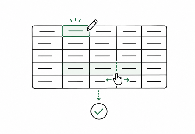 A spreadsheet is reviewed, edited, split into fields, and checked.