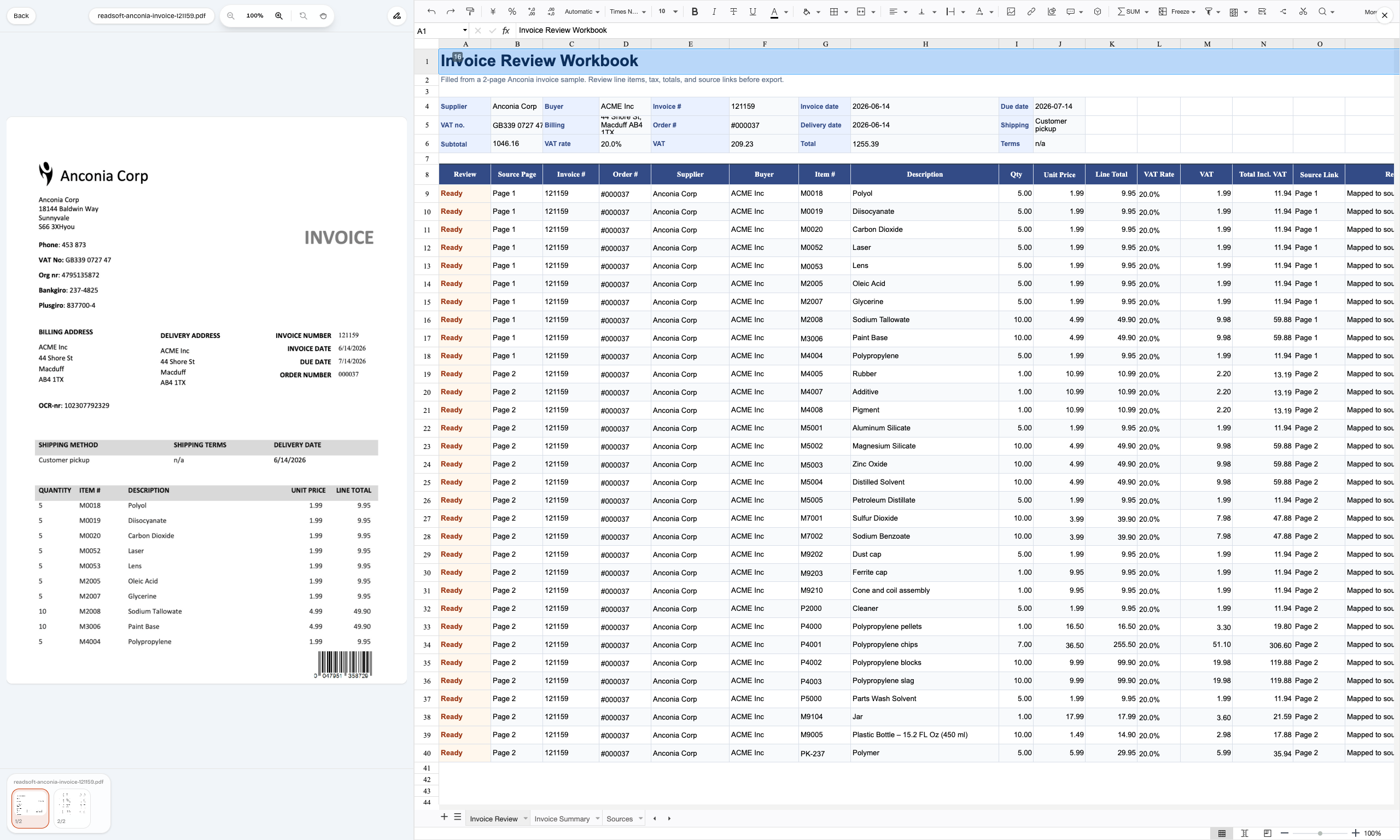 Invoice review showing the source invoice on the left and a reviewed Excel workbook on the right