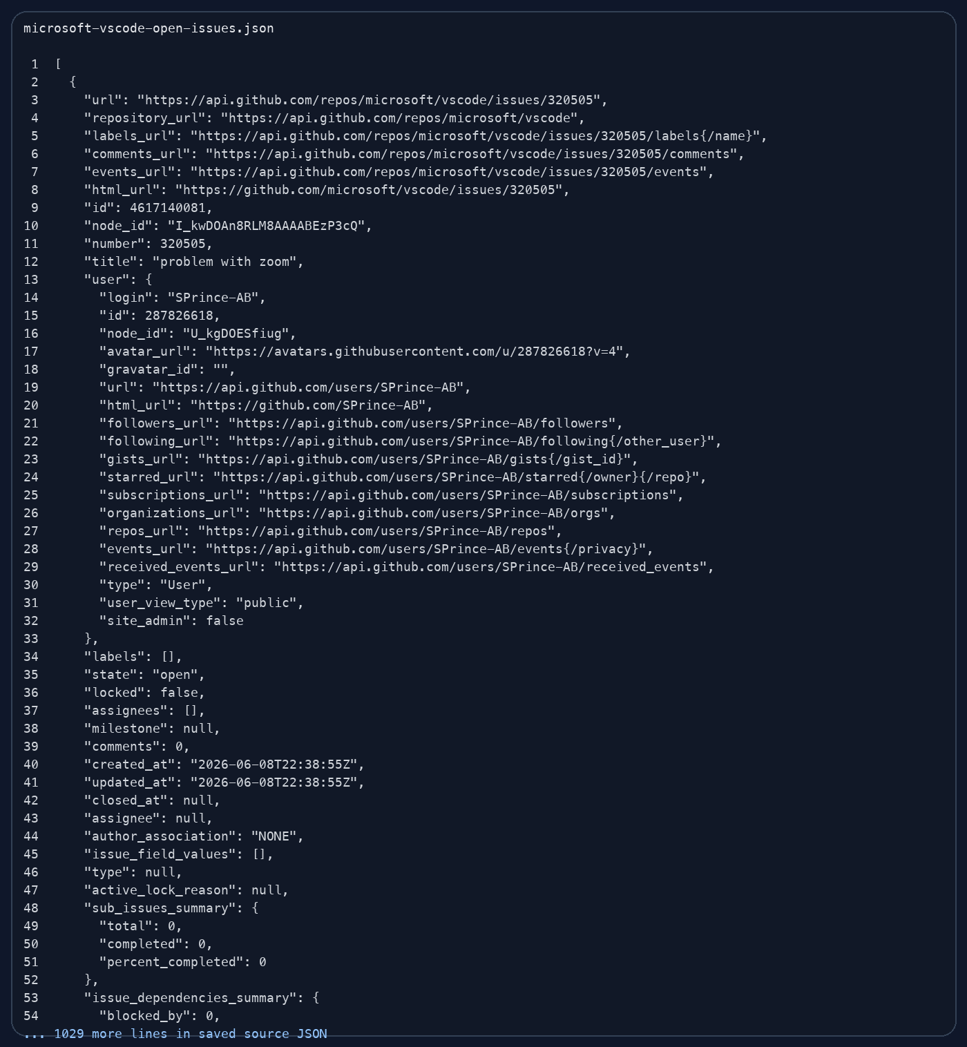 GitHub Issues API JSON source used as a source for JSON to CSV conversion.