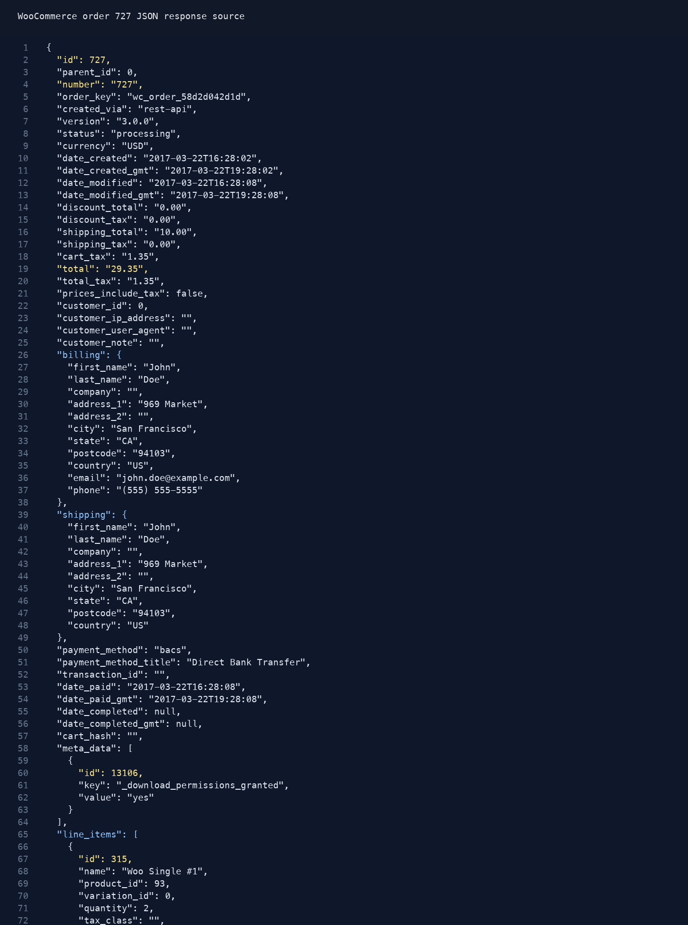 WooCommerce order JSON response used as a source for JSON to Excel conversion.