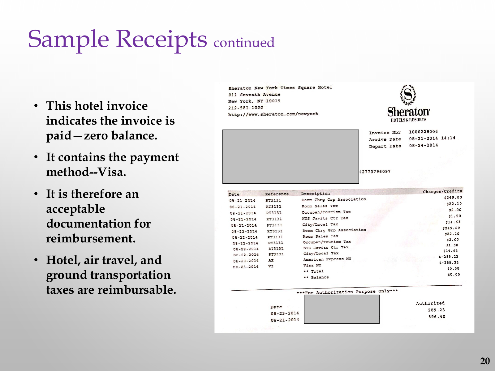 Northwestern COFO public hotel invoice sample for business travel