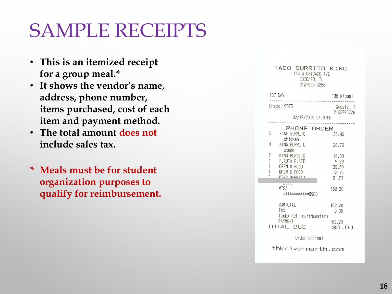 Northwestern COFO public itemized restaurant receipt sample