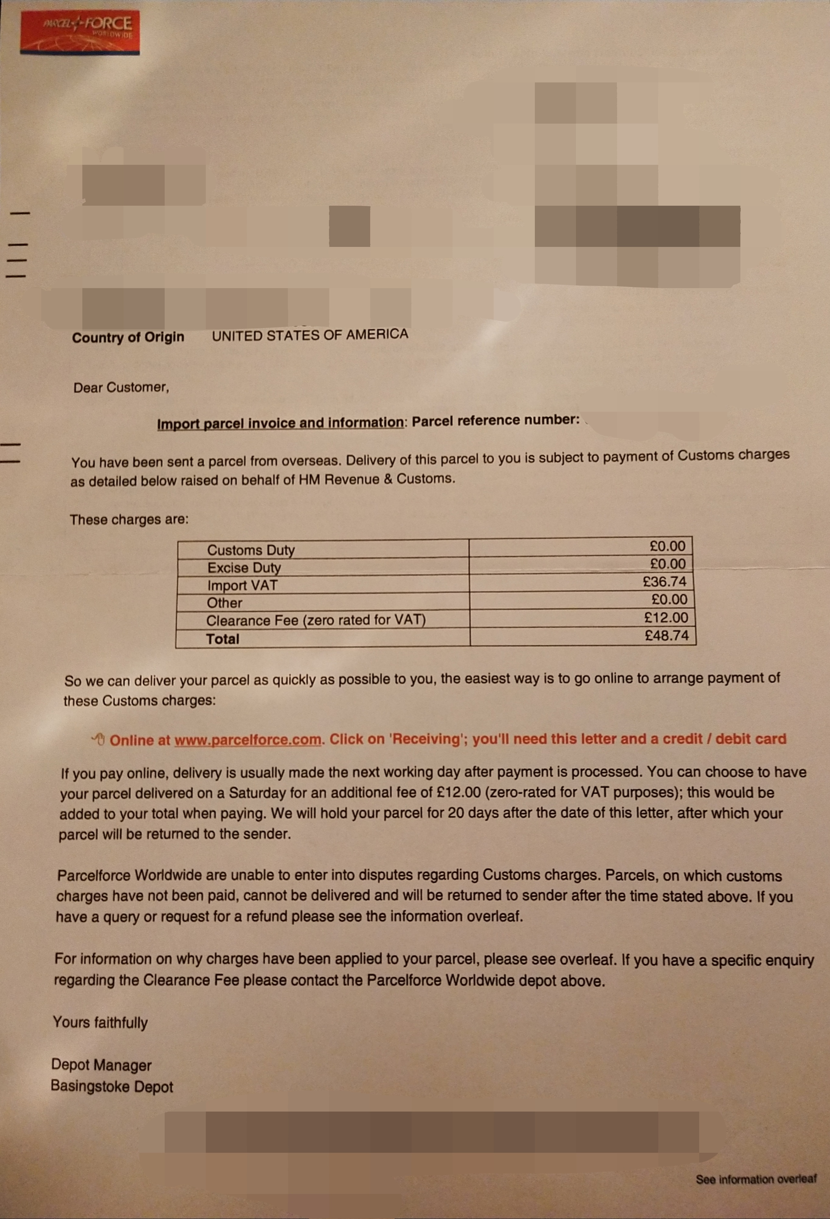Public Parcelforce import charge invoice photo used as the source for invoice OCR.