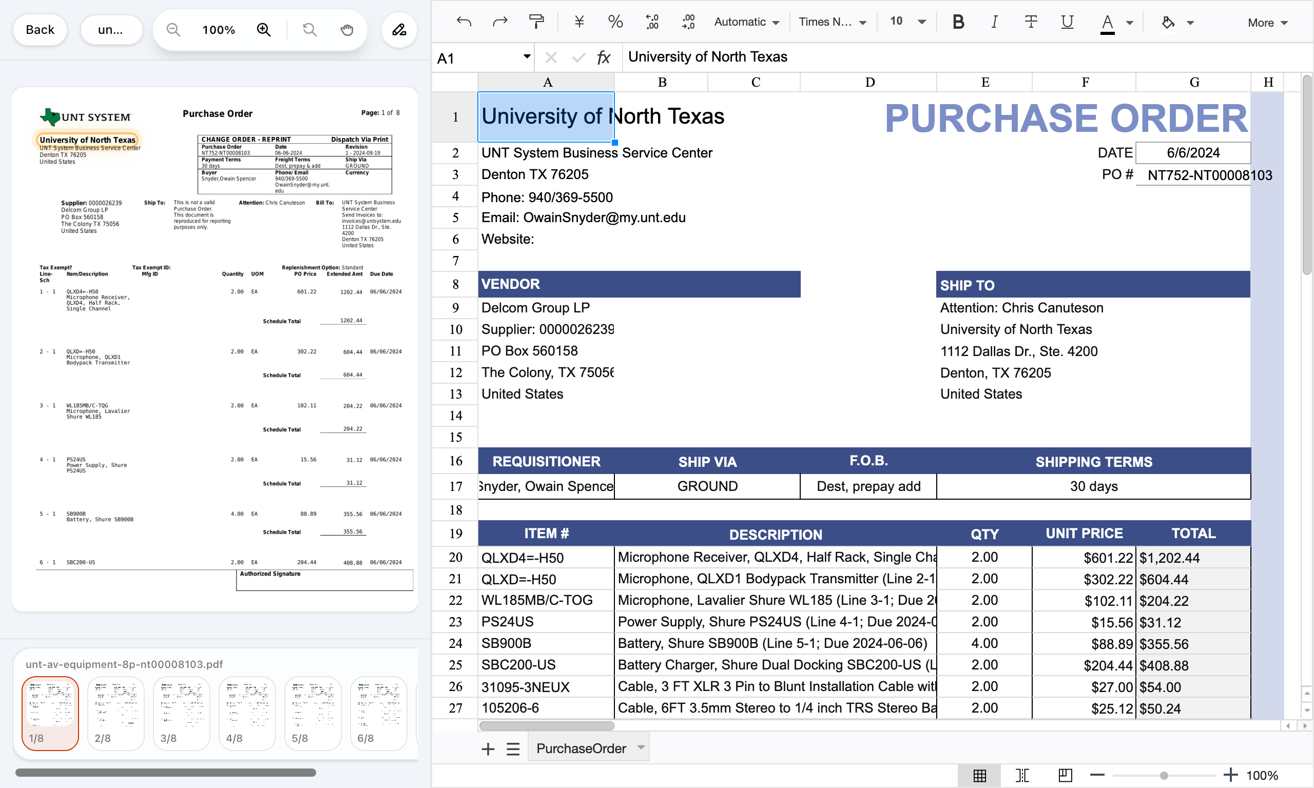 Purchase order review showing source PDF pages on the left and a reviewed Excel workbook on the right