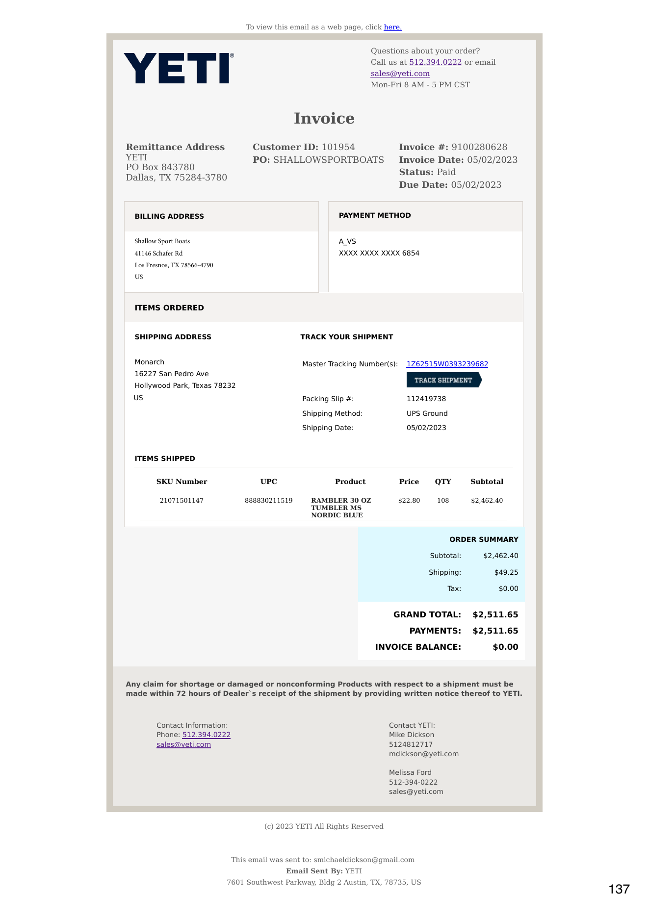 Public YETI invoice and packing slip page with tracking number, ship-to address, SKU, UPC, quantity shipped, totals, and claim notes.