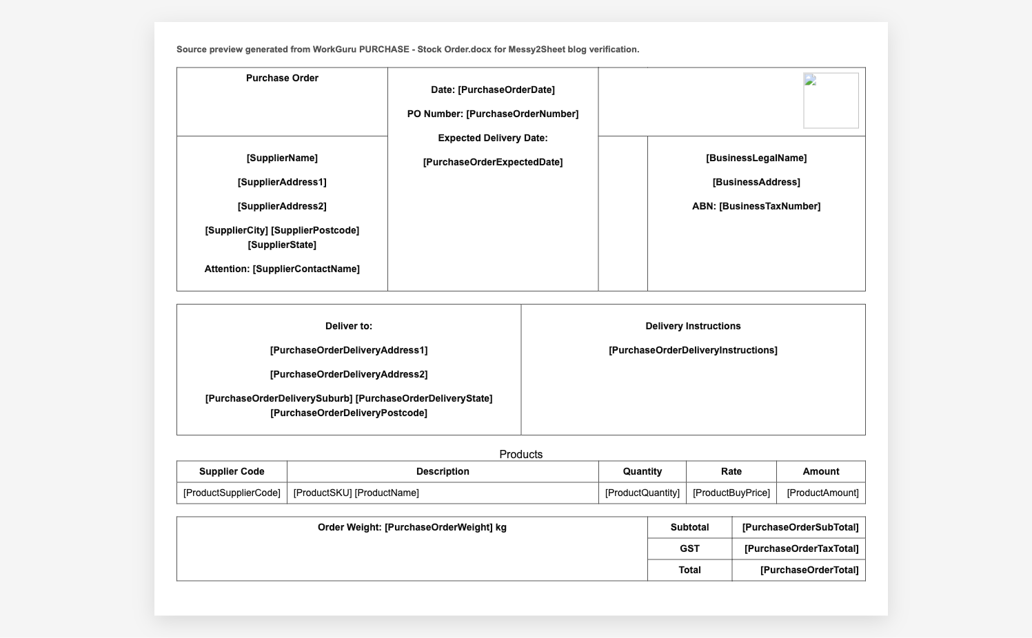 Public WorkGuru purchase order DOCX template source used for Word to Excel conversion.