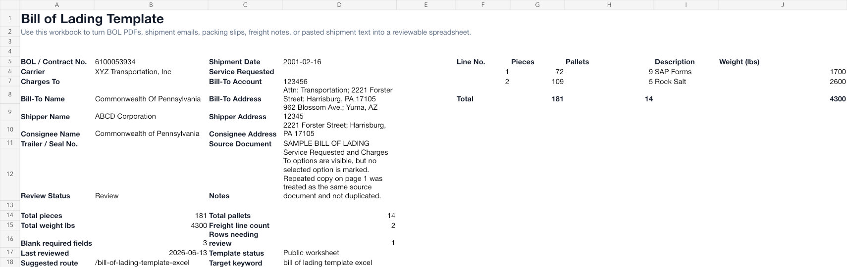 Bill of Lading Template preview 1